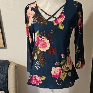 Floral Crisscross V-Neck Long Sleeve Top - Navy with Pink Roses